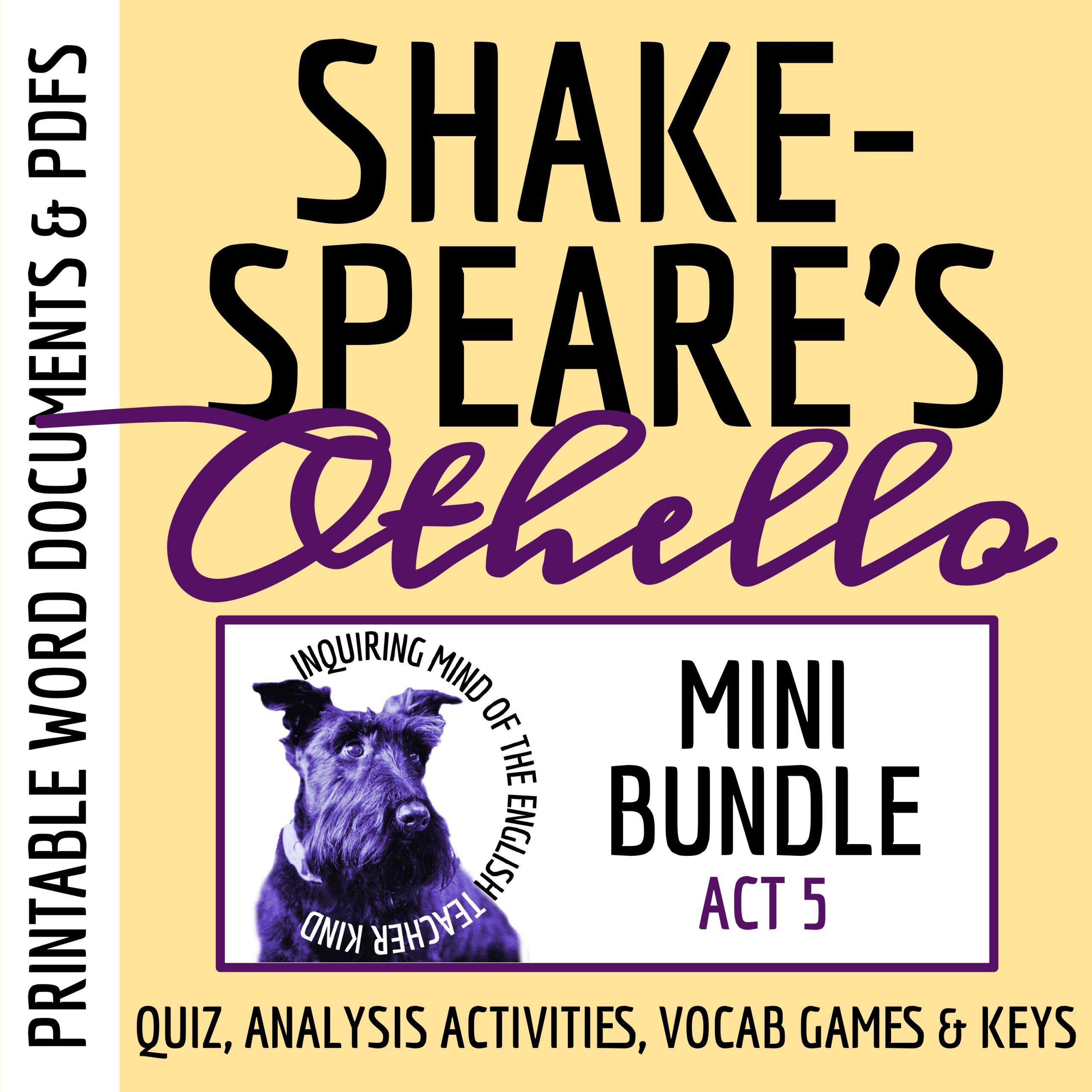 Othello Act 5 Quiz, Close Reading Analysis Worksheets, and Vocabulary Activities