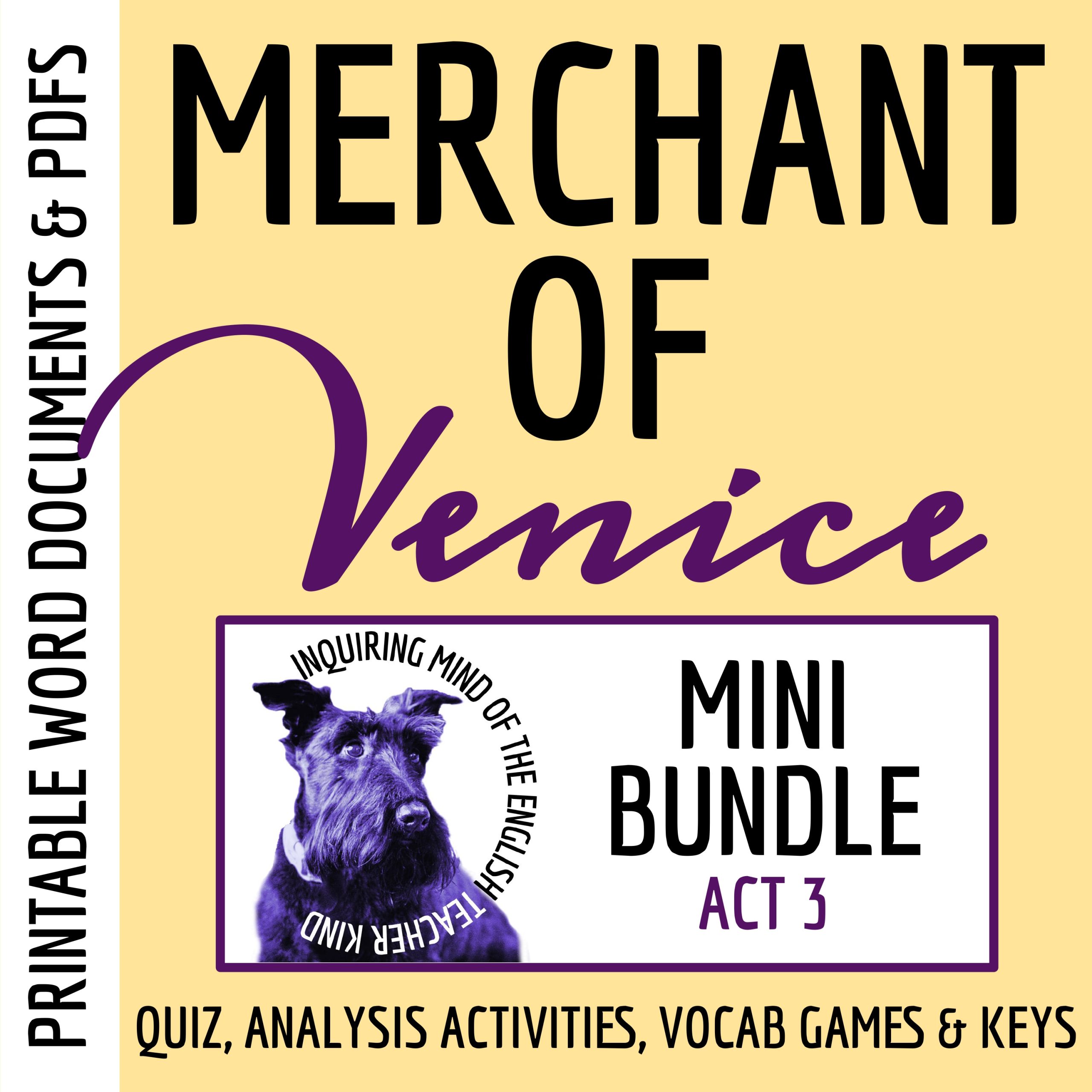 The Merchant of Venice Act 3 Quiz, Close Reading Worksheets, and Vocabulary Activities