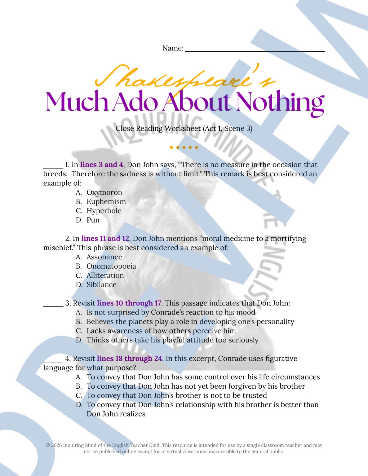 Much Ado About Nothing Close Reading Analysis Worksheets Bundle - Made ...
