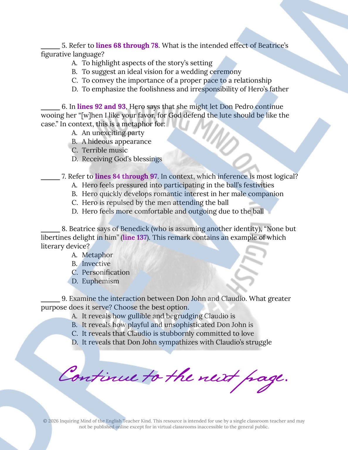 Much Ado About Nothing Close Reading Analysis Worksheets Bundle - Made ...