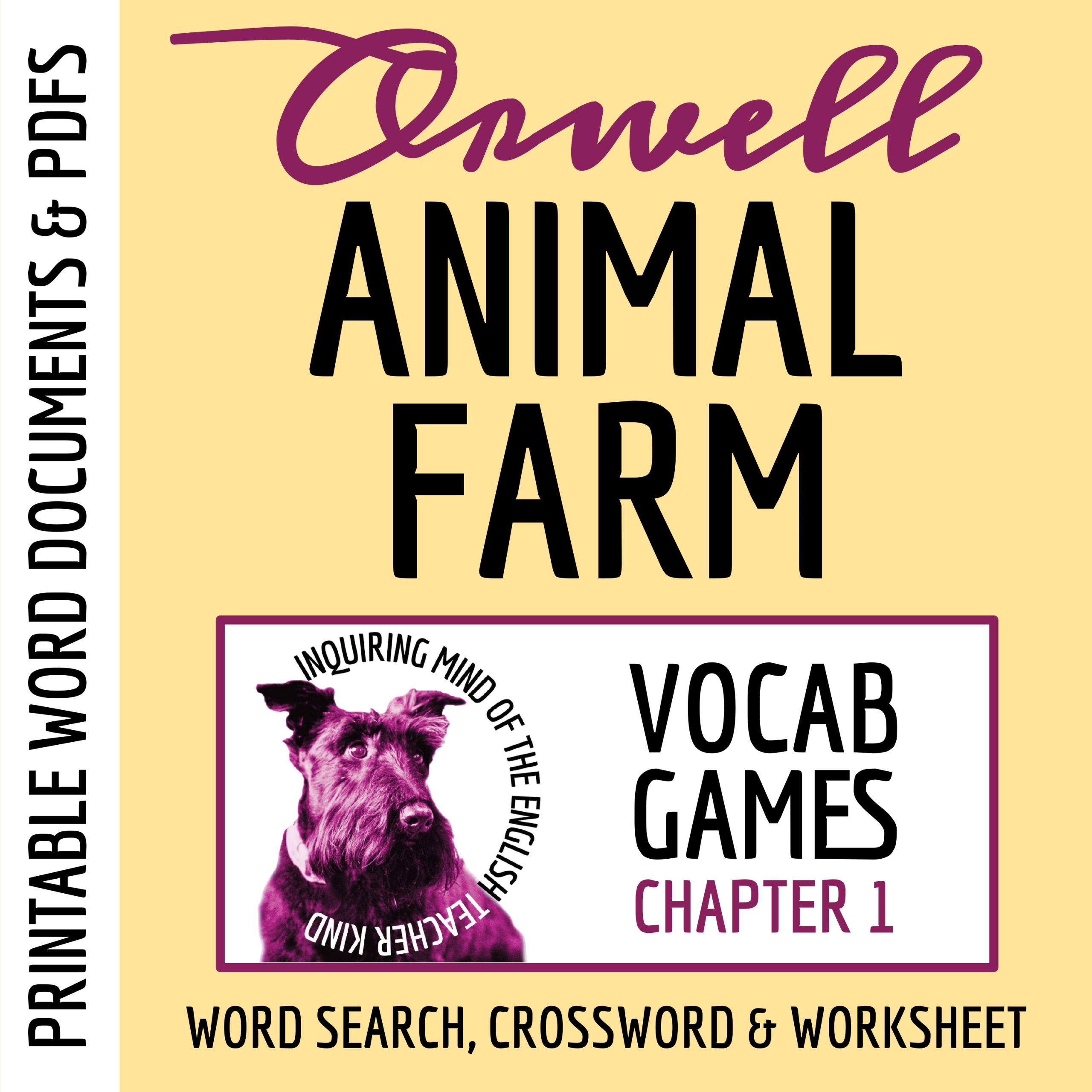 Animal Farm Chapter 1 Vocabulary Worksheet, Crossword Puzzle, and Word Search
