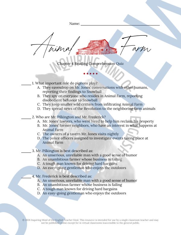 Animal Farm Chapter 4 Quiz and Answer Key | Independent Reading ...