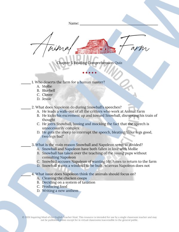 Animal Farm Chapter 5 Quiz and Answer Key | Independent Reading ...