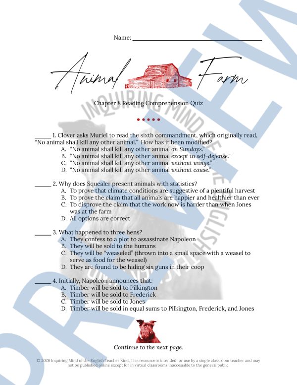 Animal Farm Chapter 8 Quiz and Answer Key | Independent Reading ...
