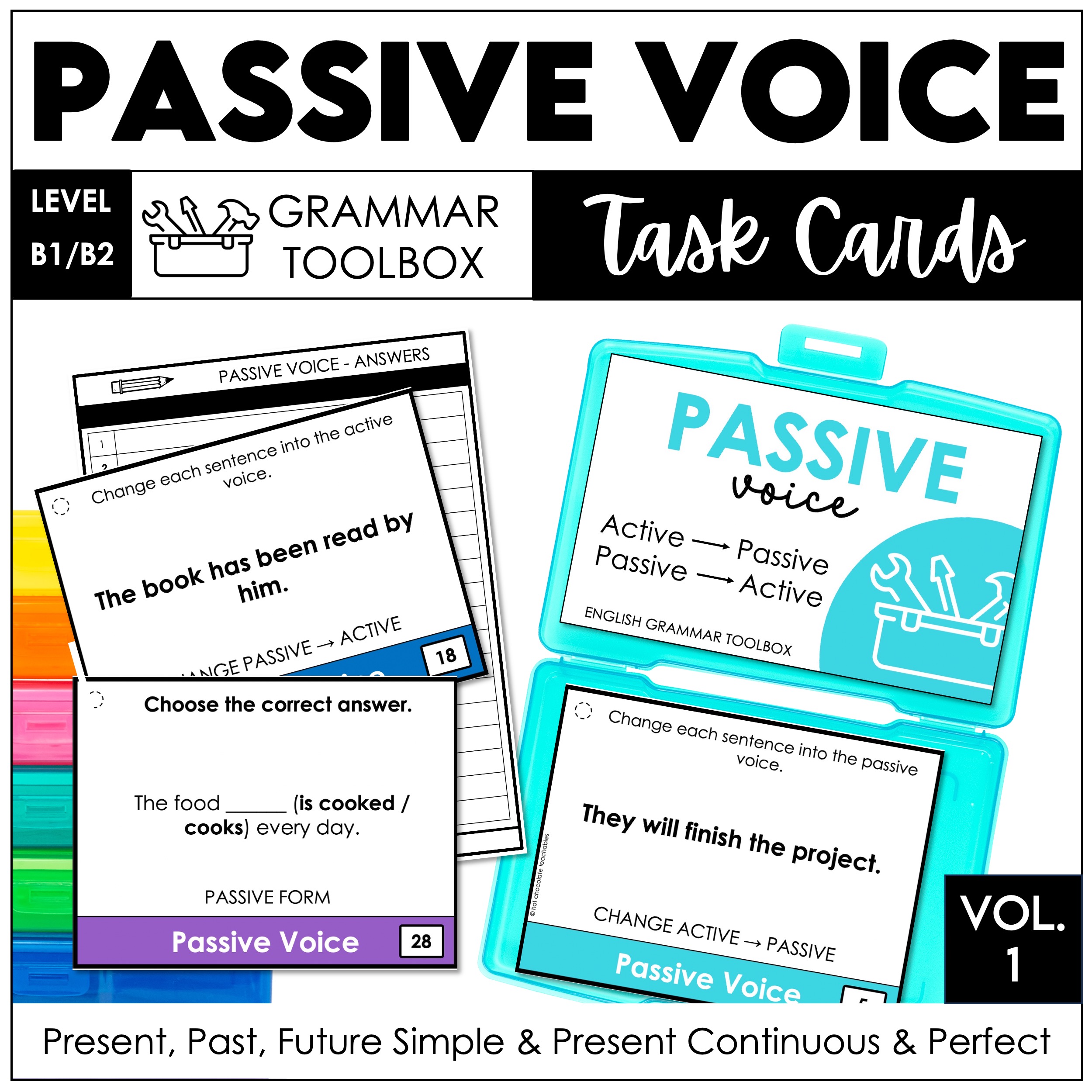 Passive Voice Task Cards ESL | Active to Passive Voice | B1 B2 Grammar Activity