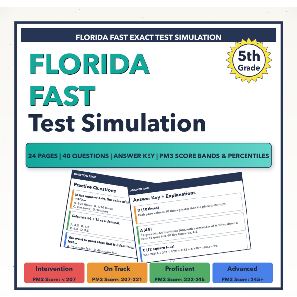 [Grade 5] Florida FAST Math Test Simulation | All 4 Levels (PM3 Score ...