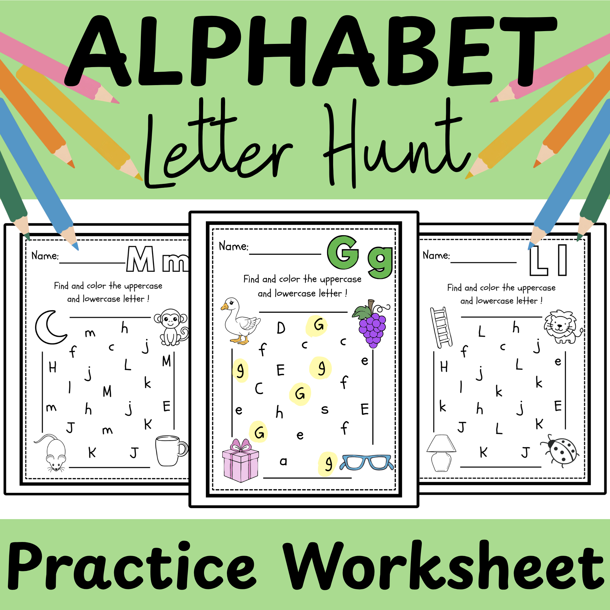 Alphabet Hunt A–Z Uppercase & Lowercase Letter Recognition and Coloring
