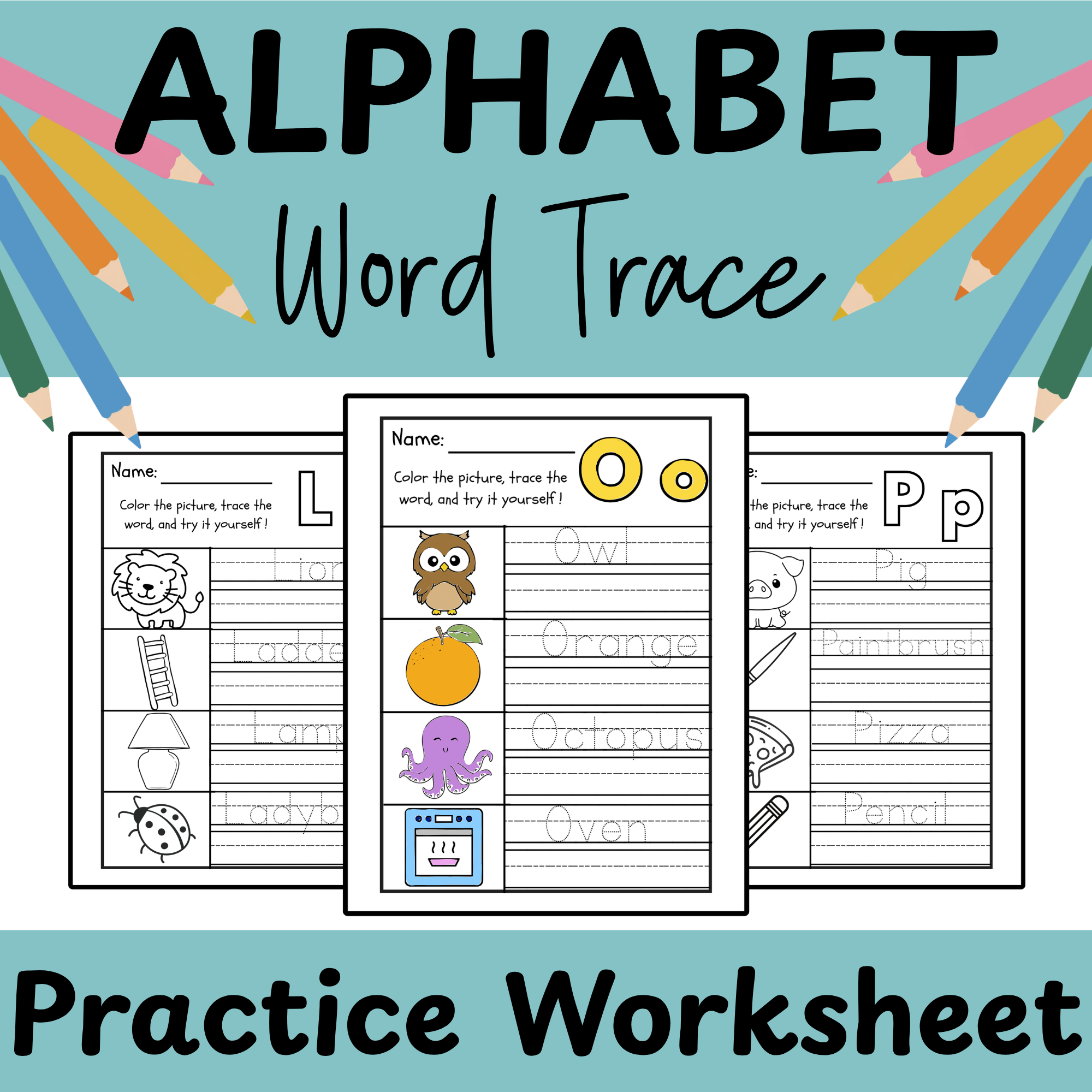 Alphabet Word Tracing Practice Kinder Writing Practice A-Z Trace and Color
