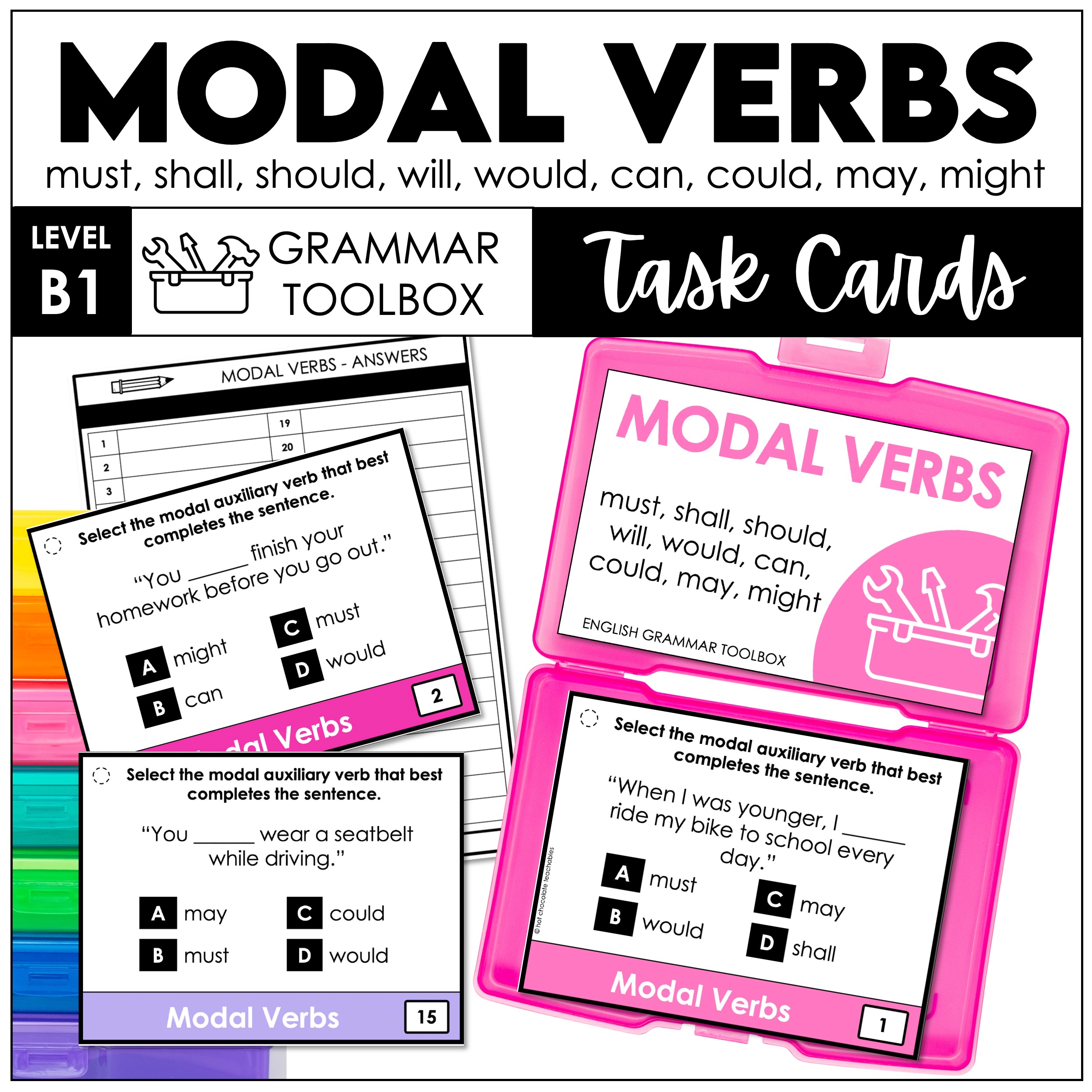 Modal Verbs Task Cards: Must, Should, Would, Can, Could, May, Might, Will Shall