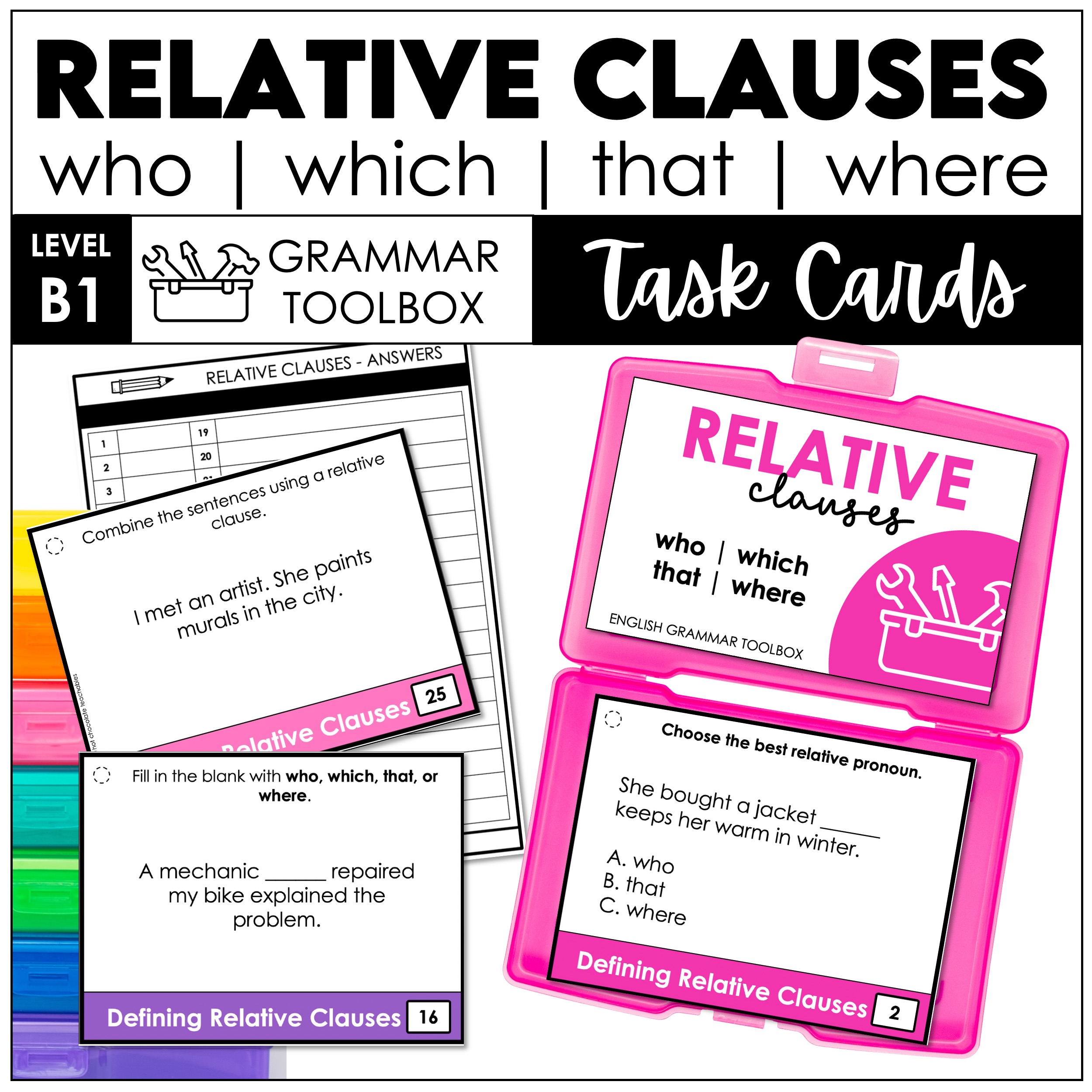 Defining Relative Clauses Task Cards | Who Which That Where | Grammar for ESL