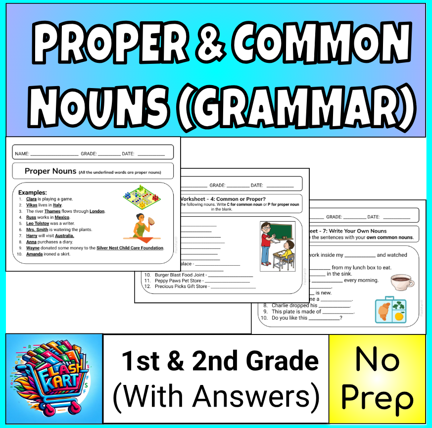 No Prep Proper Nouns and Common Nouns Worksheets for 1st & 2nd Grade ELA Centers
