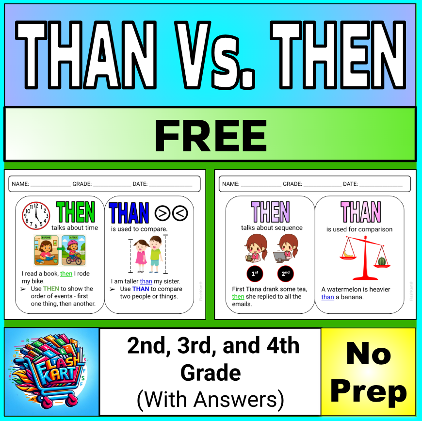 Free No-Prep Then vs. Than Worksheets Grammar Practice for 2nd, 3rd, & 4th Grade