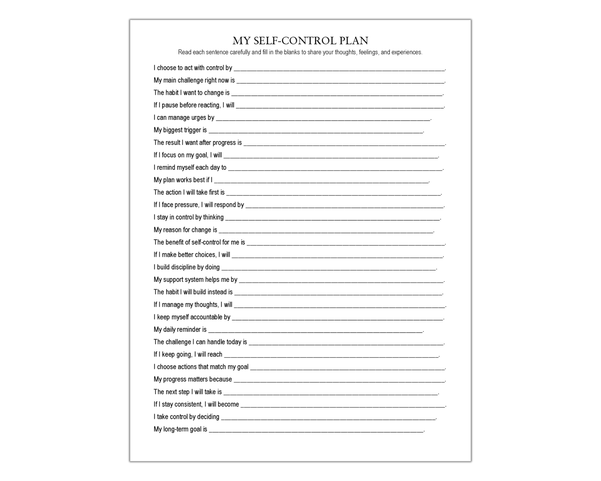My Self Control Plan Worksheet, Impulse Control, Urge Surfing ...
