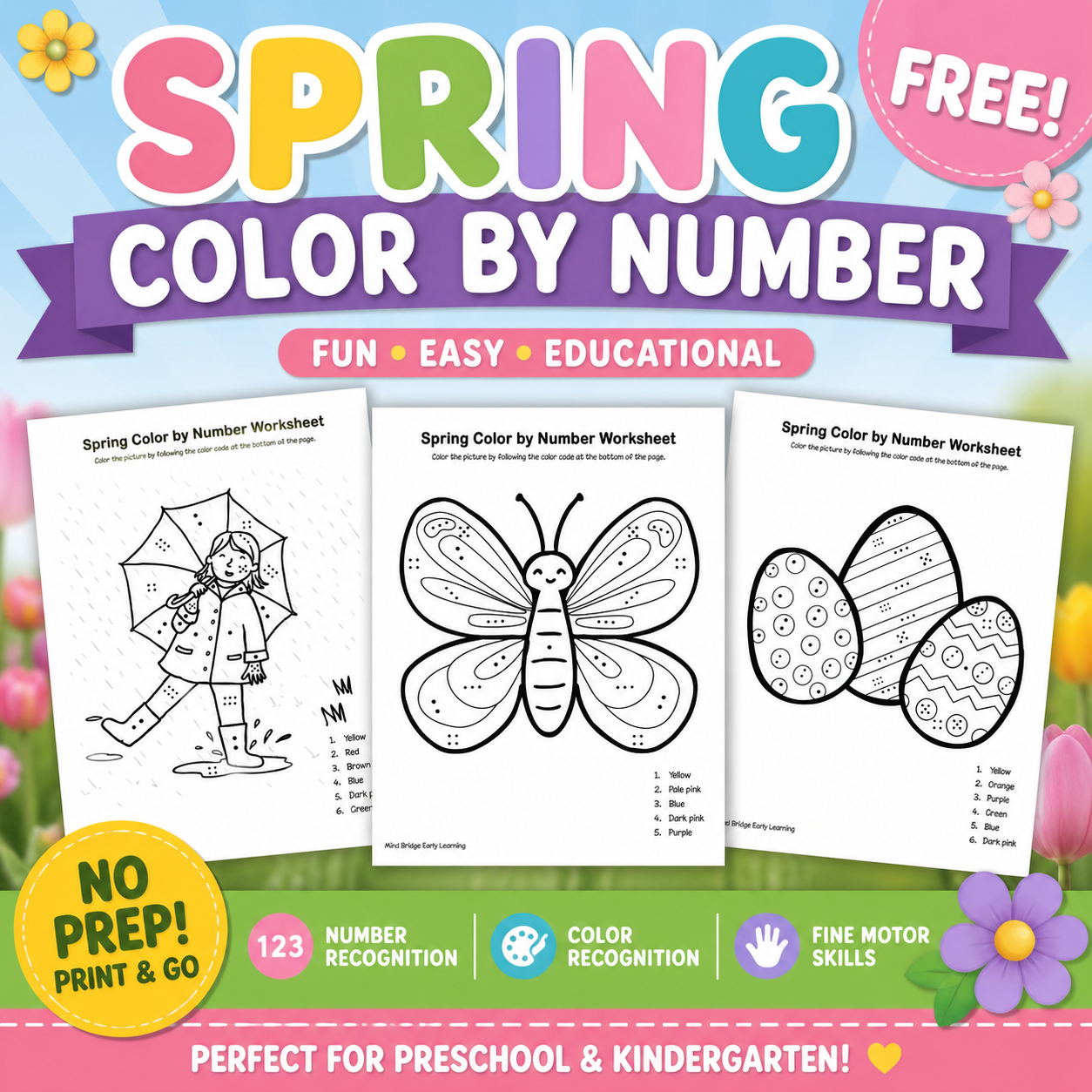 Spring Color by Number Worksheets | Printable Coloring Pages for Kids | Preschool & Kindergarten