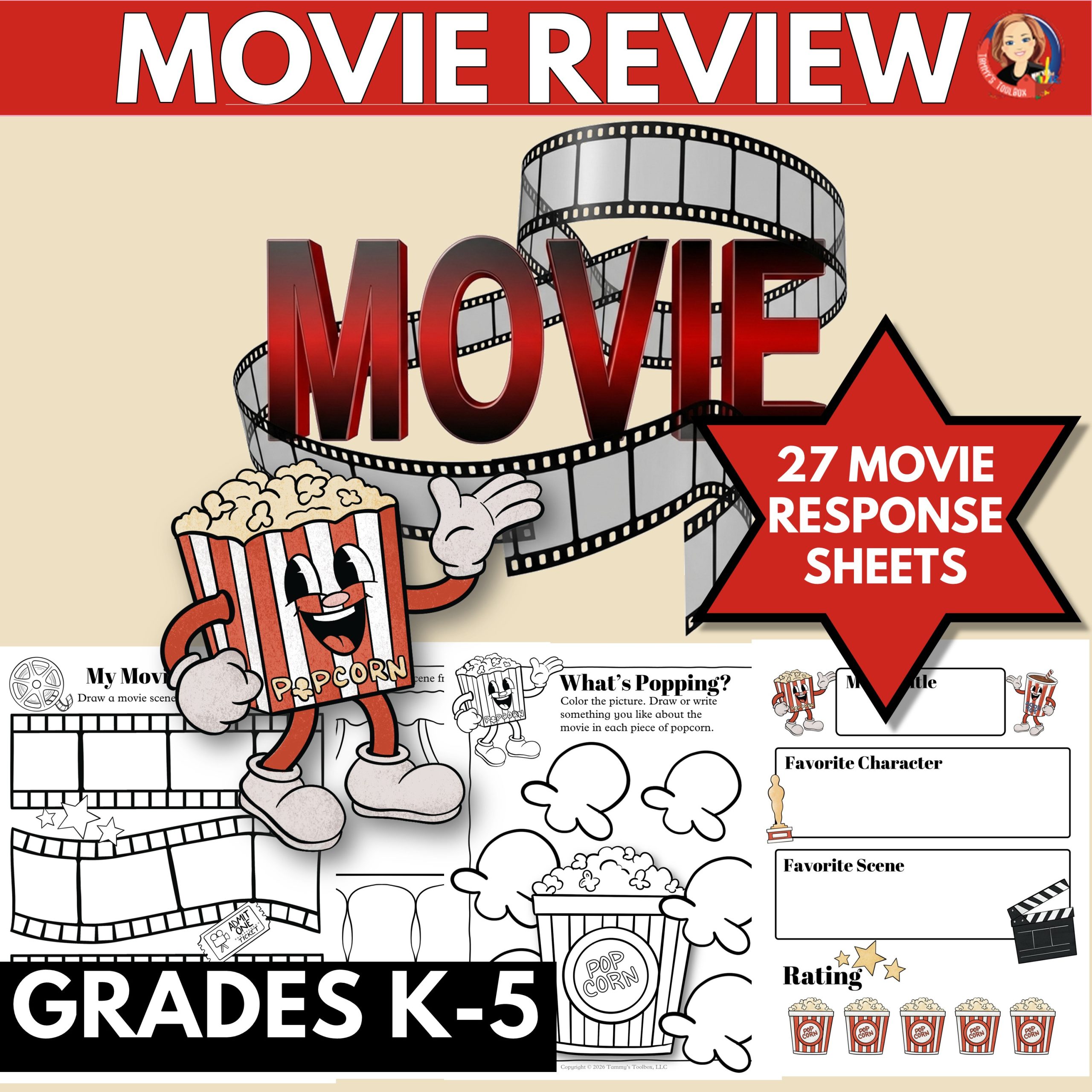 Movie Day Activities, Movie Review Worksheets, Editable Writing Prompts for K-5