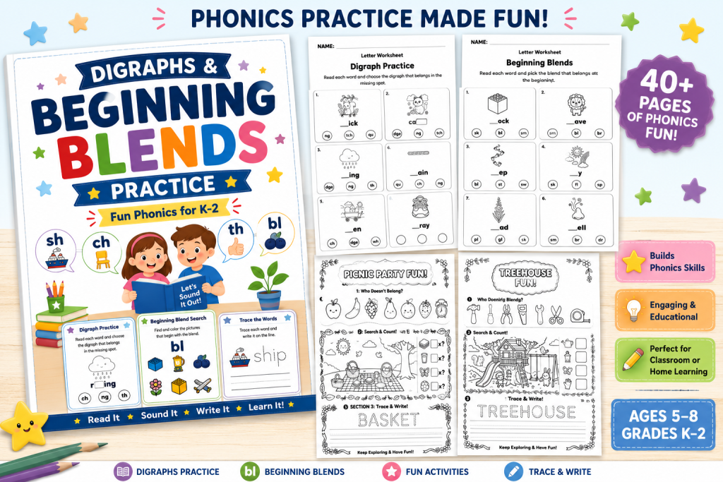 Digraphs and Beginning Blends Worksheets for K–2 Phonics Practice and ...