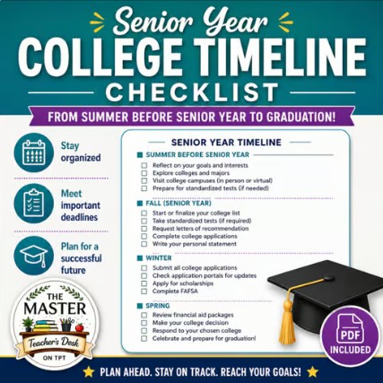 Senior Year College Process Timeline/Schedule/Checklist/College readiness
