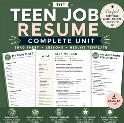Teen Job Resume Unit with Brag Sheet/Lessons/Template/High School Life Skills