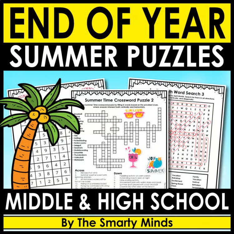 End of Year Activities Summer Time Word Search & Crossword Puzzle + Answers