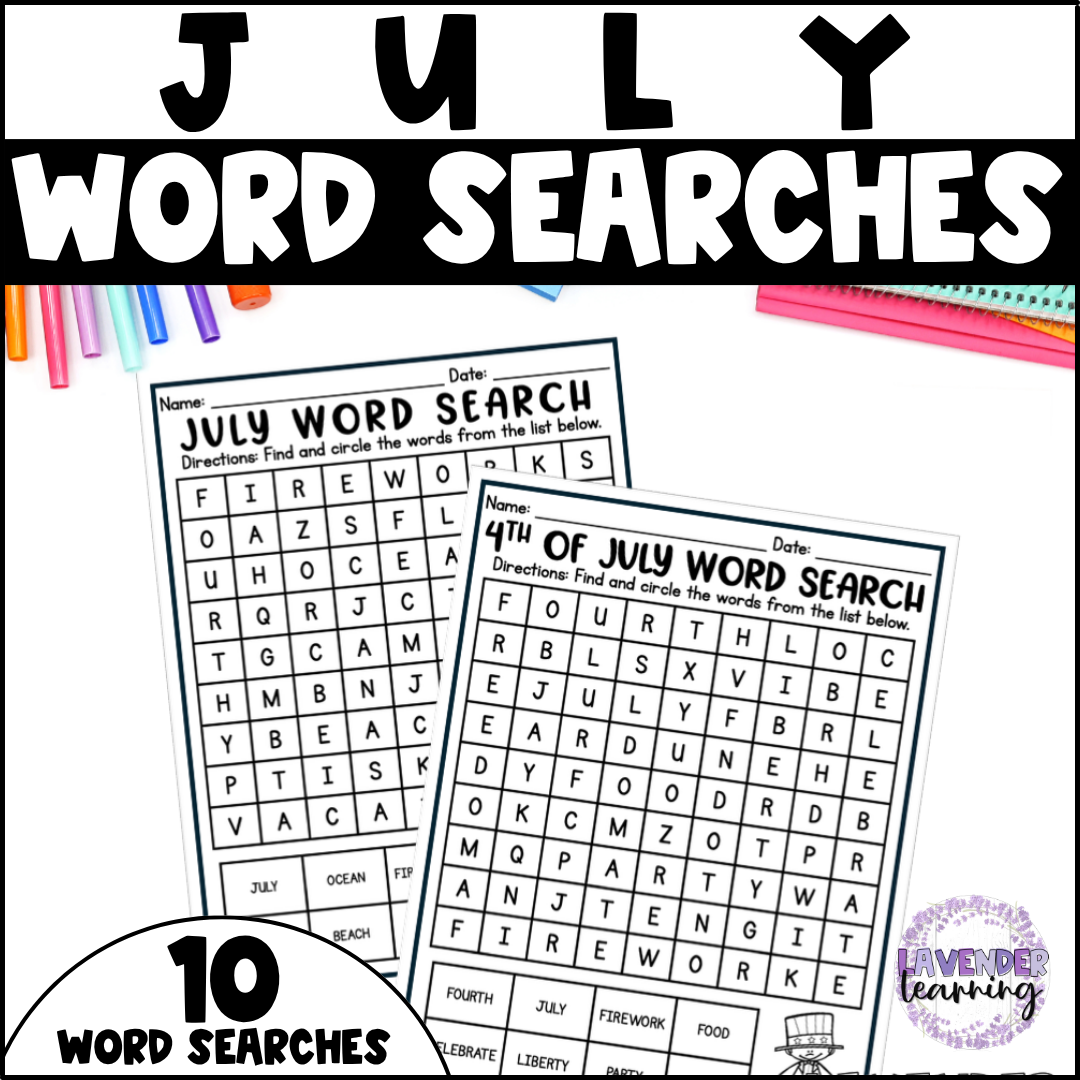 July Donut Camping Beach Soccer Camp Summer Word Search Kindergarten - 2nd Grade