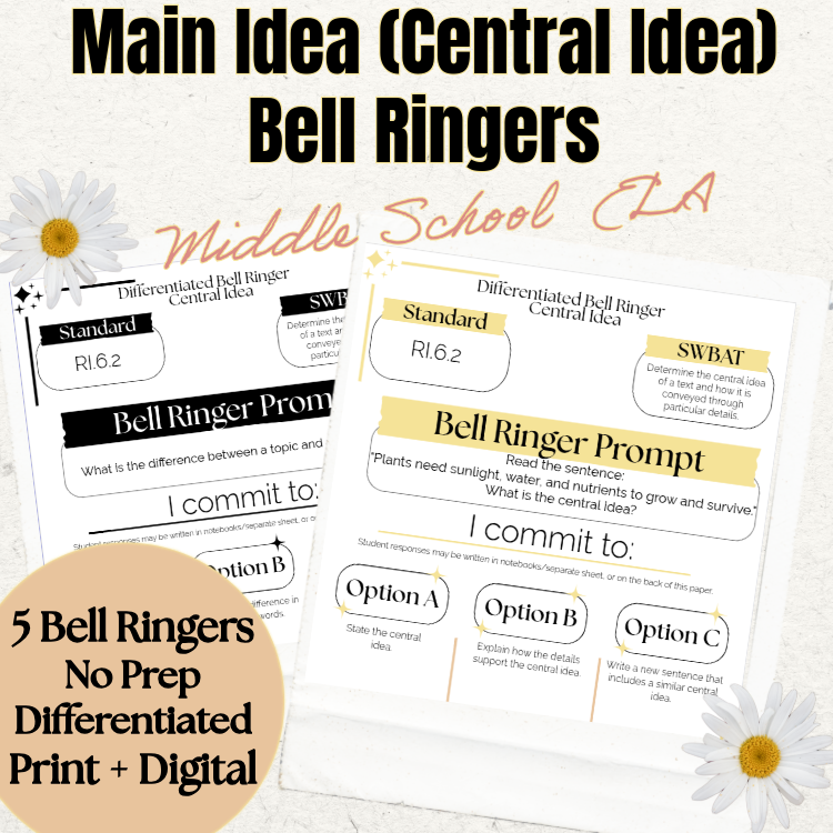 Main Idea (Central Idea) Bell Ringers | Middle School ELA Warm Ups | RI.6.2