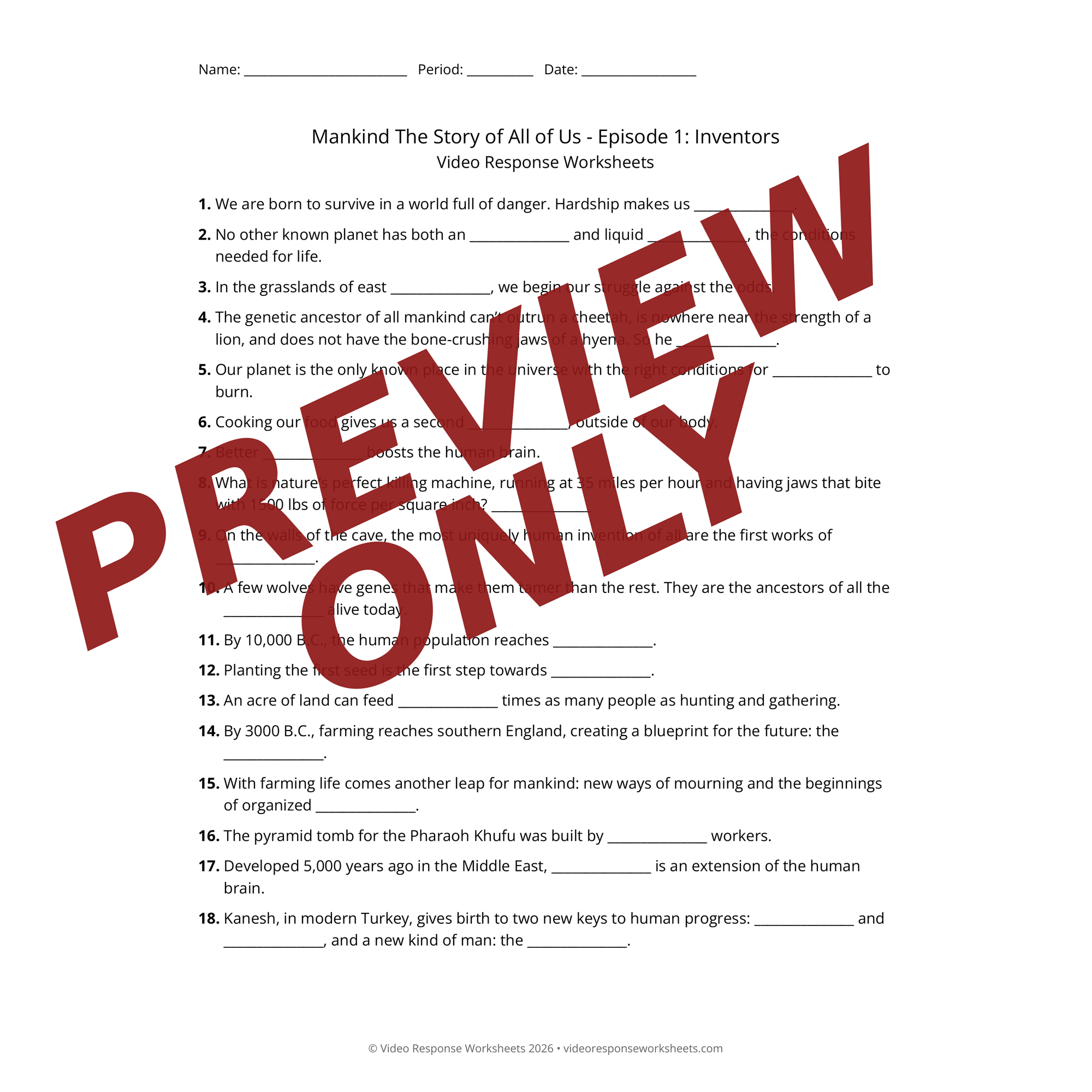 Mankind The Story of All of Us - Episode 1: Inventors - Worksheet & Key