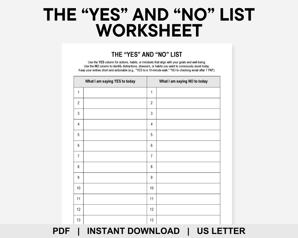 The Yes and No List Worksheet, Decision Making, Goal Setting, Setting ...