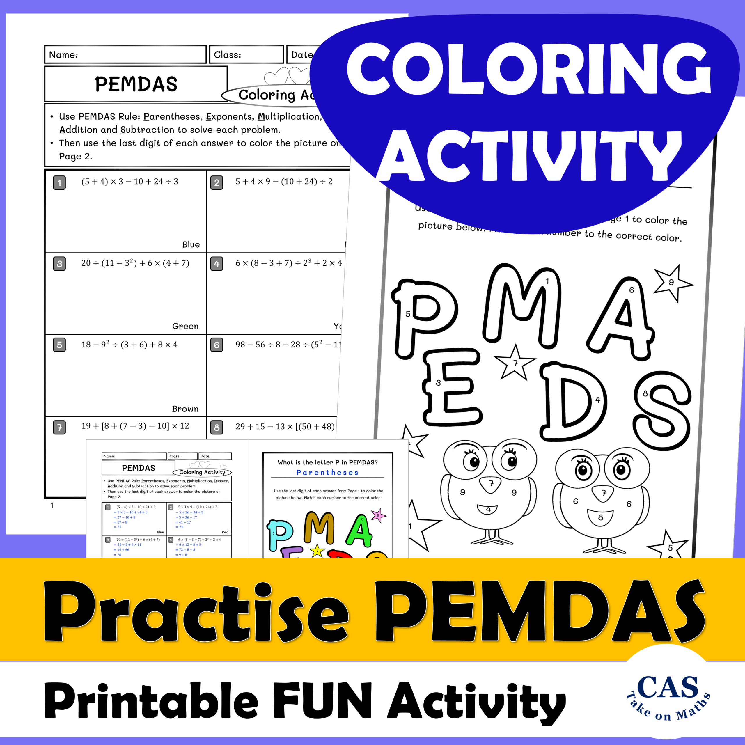 Order of Operations PEMDAS Coloring Pages for Middle School | Fun Color by Code