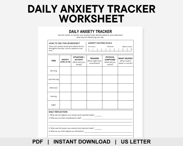 Daily Anxiety Tracker Worksheet, Anxiety Log, Mental Health Check In ...