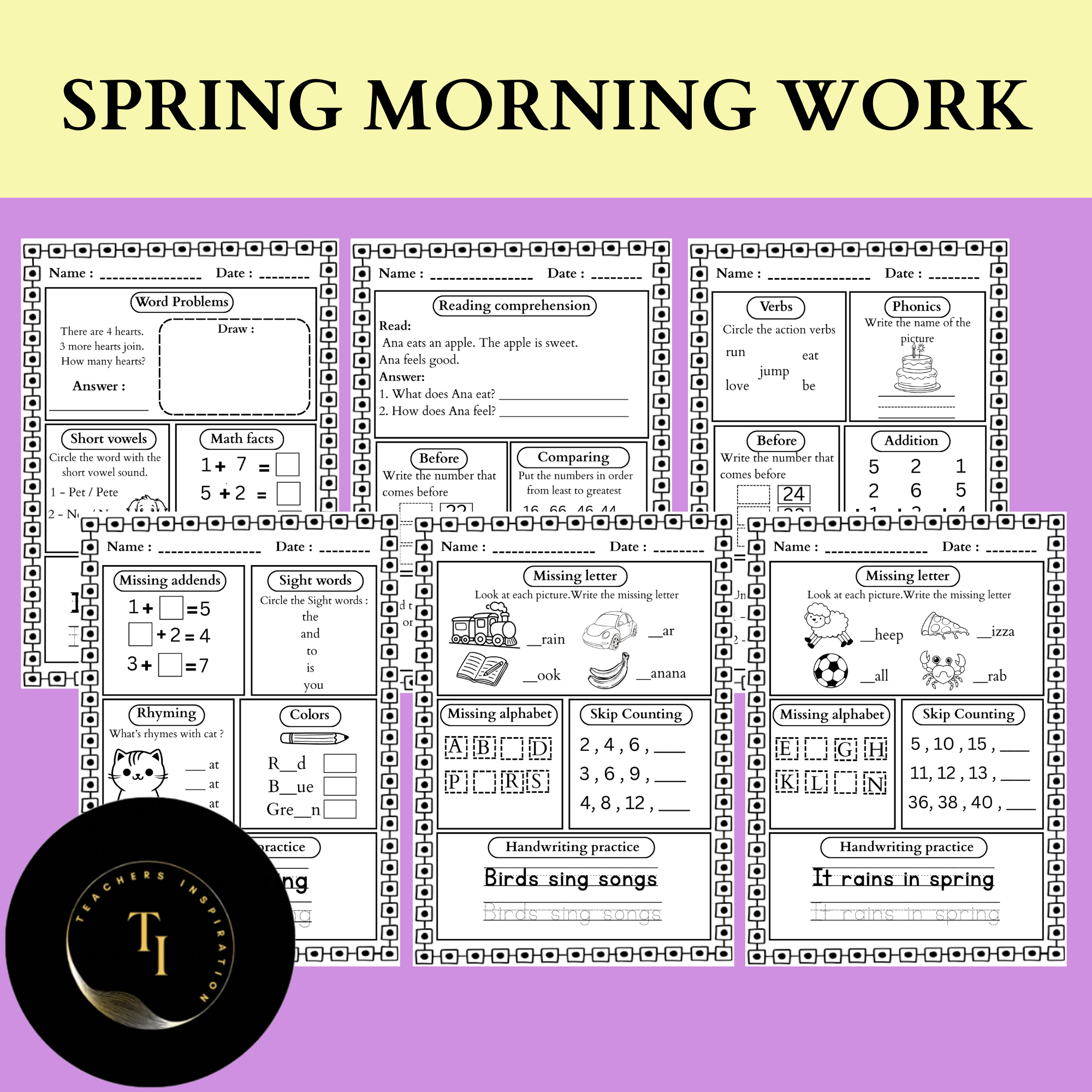 Spring Morning Work for 1st Grade | Math & Literacy Worksheets | Daily Review Activities