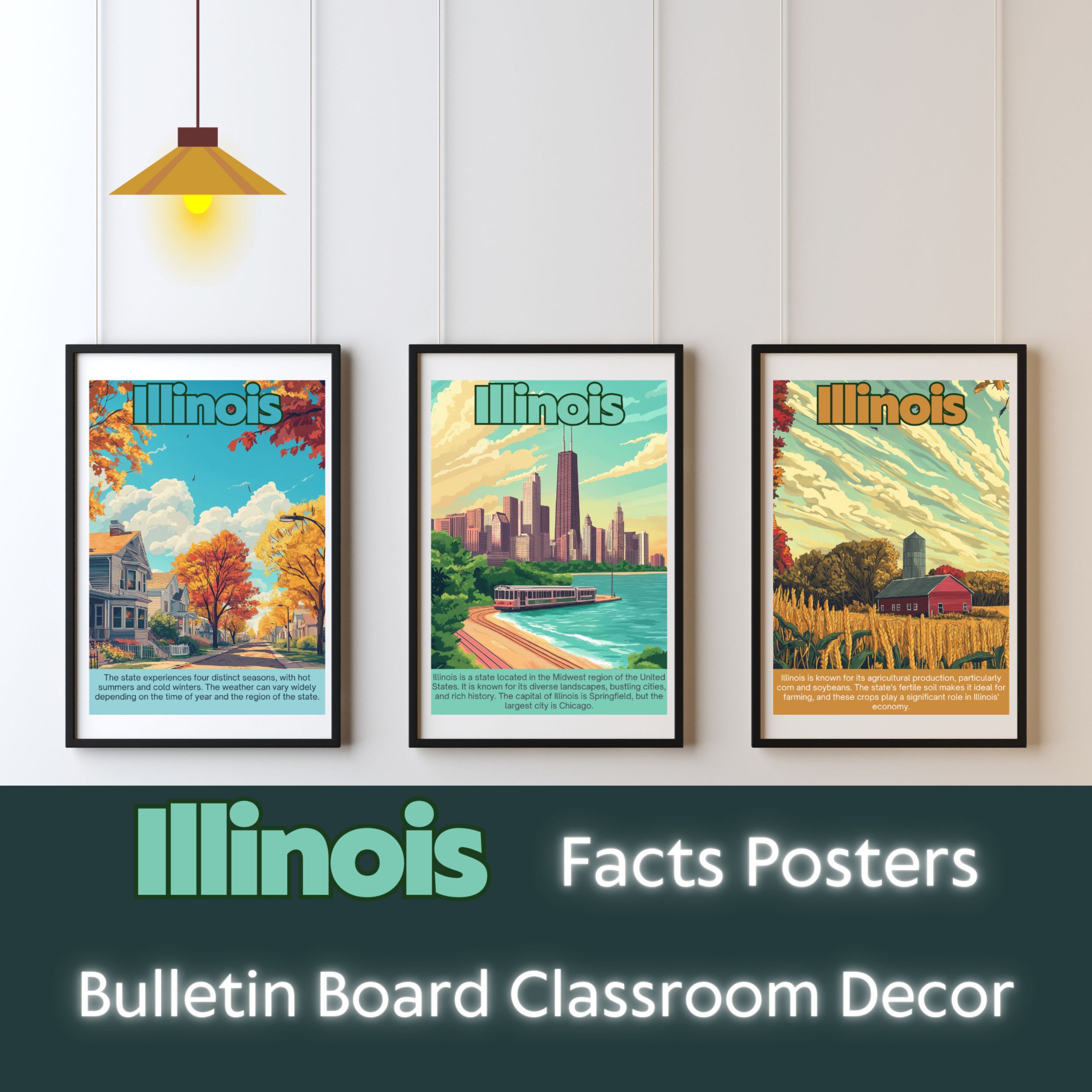 Illinois Posters with Fun Facts - Printable Educational Wall Art & Travel Prints