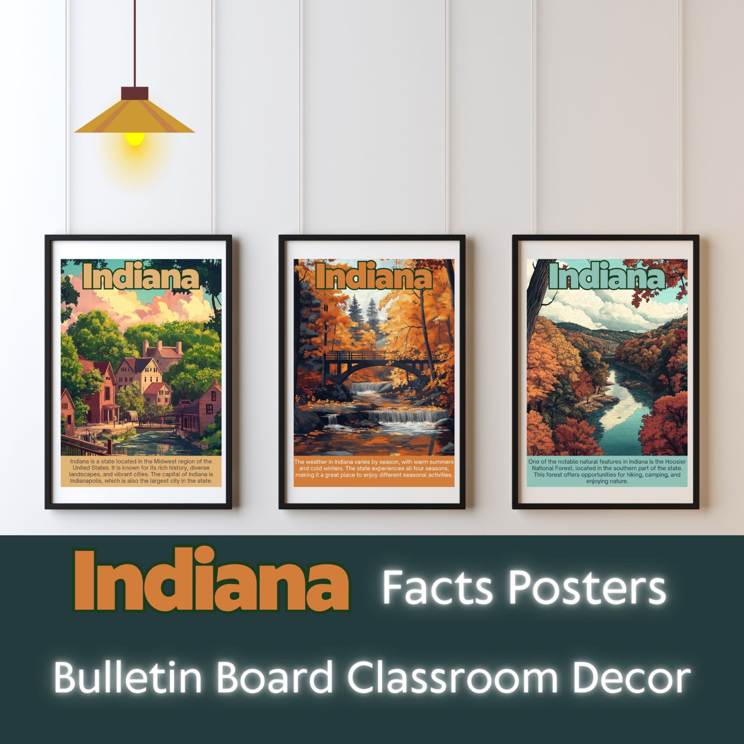 Indiana Posters with Fun Facts - Printable Educational Wall Art & Travel Prints