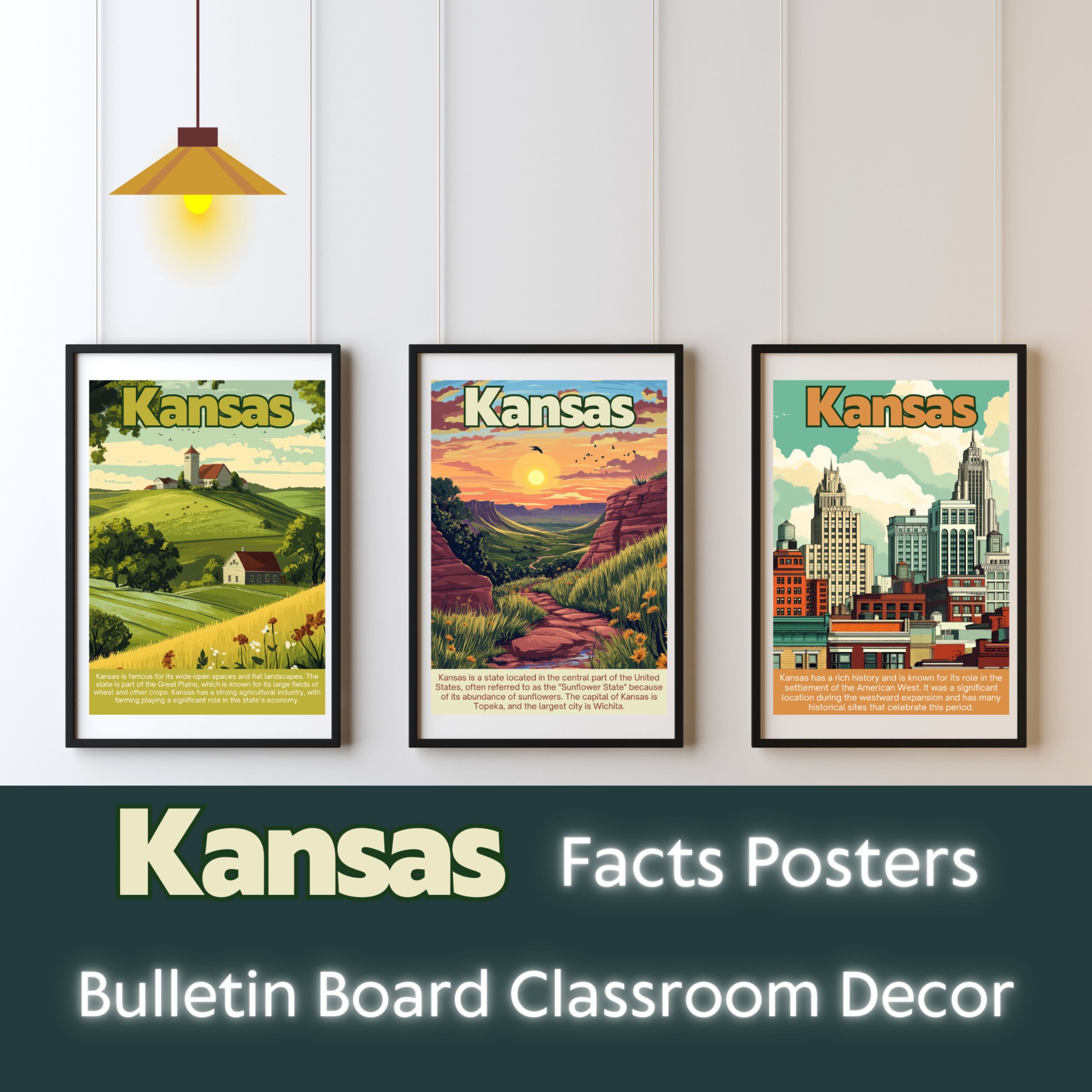 Kansas Posters with Fun Facts - Printable Educational Wall Art & Travel Prints