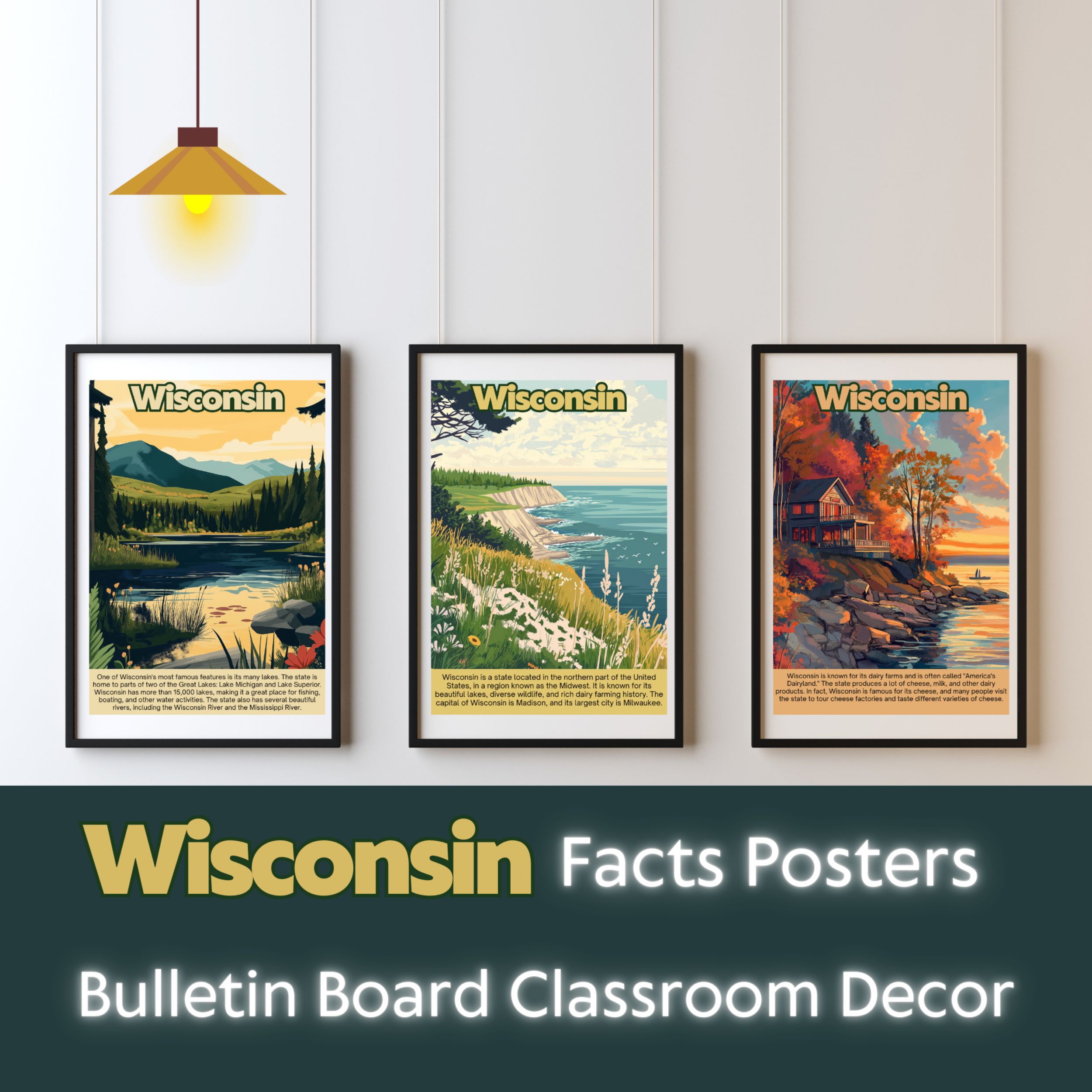 Wisconsin Posters with Fun Facts - Printable Educational Wall Art & Travel Prints