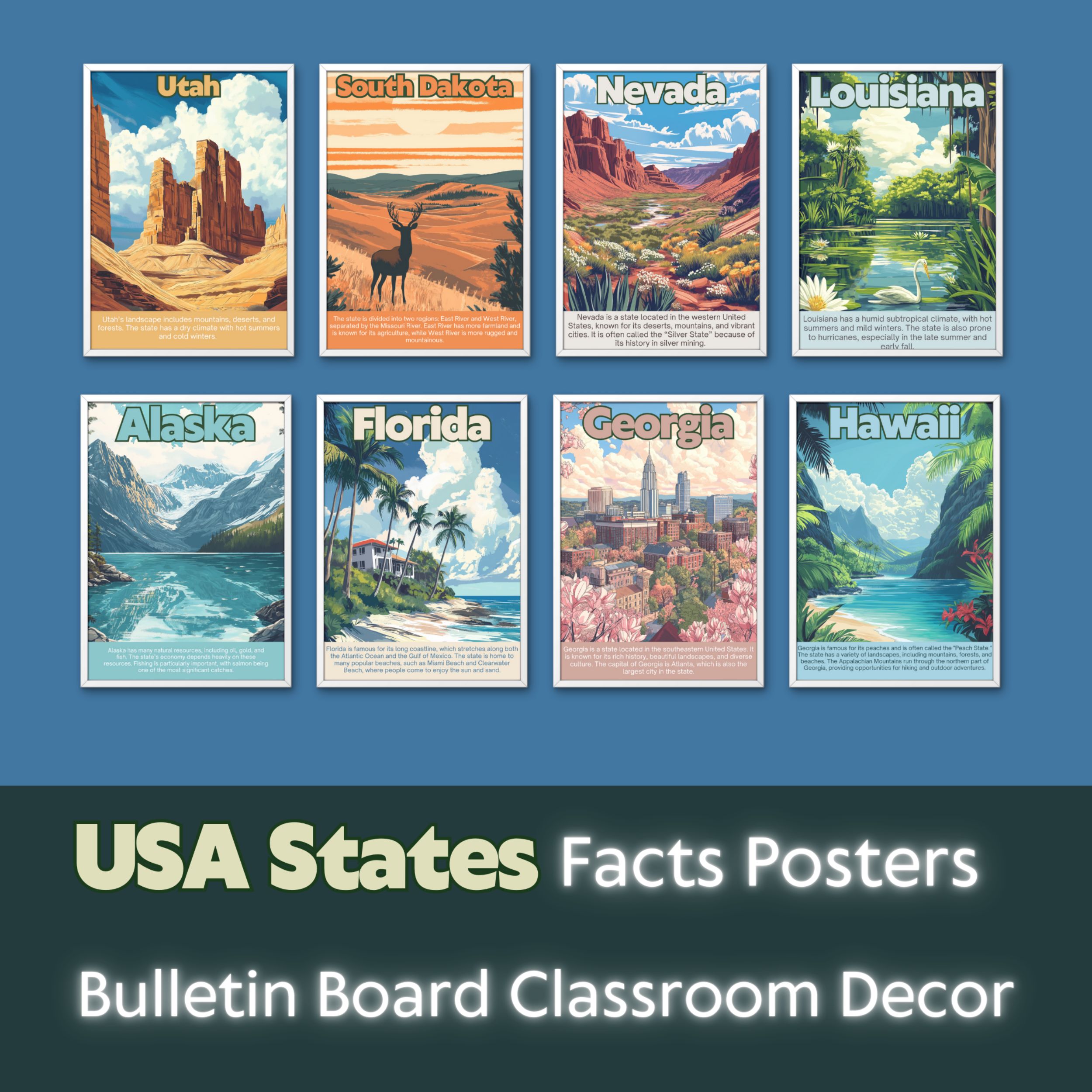 USA States Posters with Fun Facts - Printable Educational Wall Art & Travel Prints