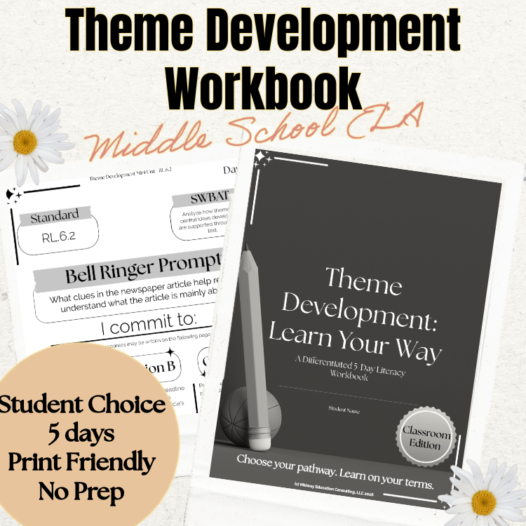 Theme Development: Learn Your Way | Differentiated 5-Day Literacy Workbook | RL.6.2 | Middle Sch