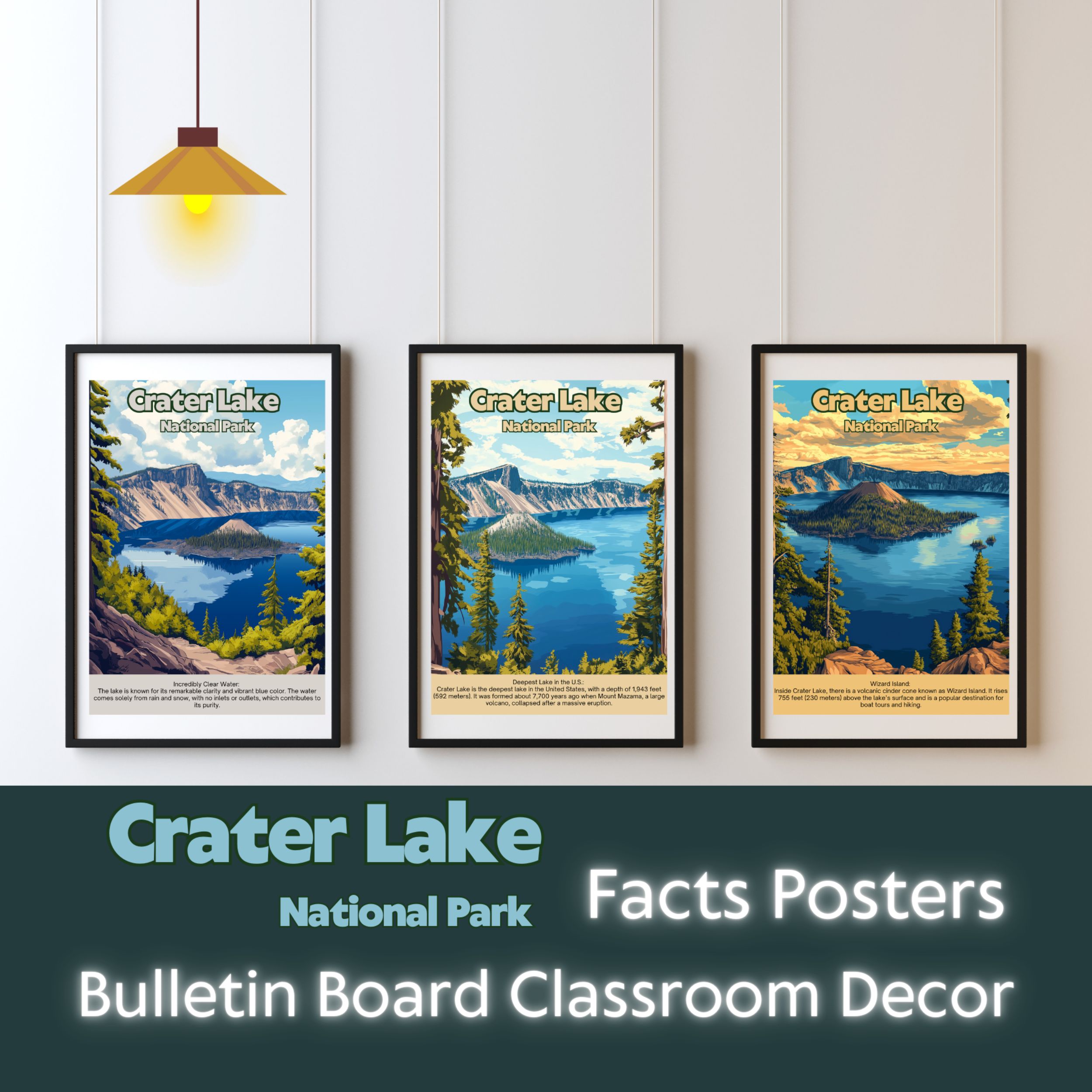Crater Lake National Park Posters with Fun Facts - Printable Educational Wall Art & Travel Prints