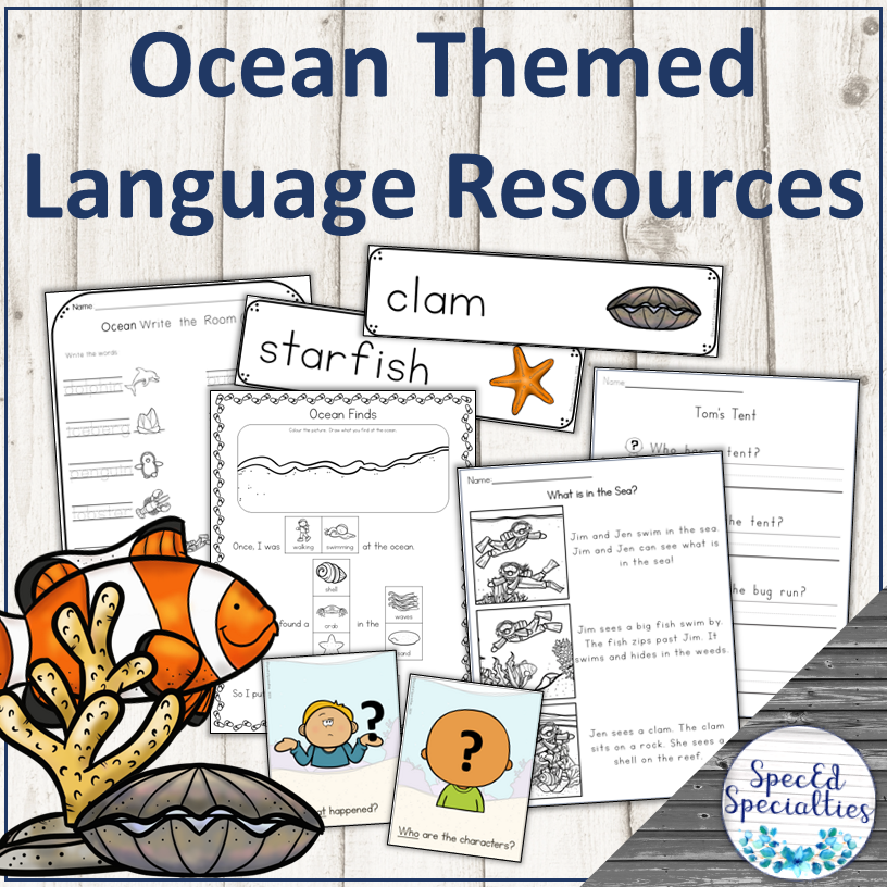 Ocean Themed Language Reading and Writing Worksheets for ESY Special Education