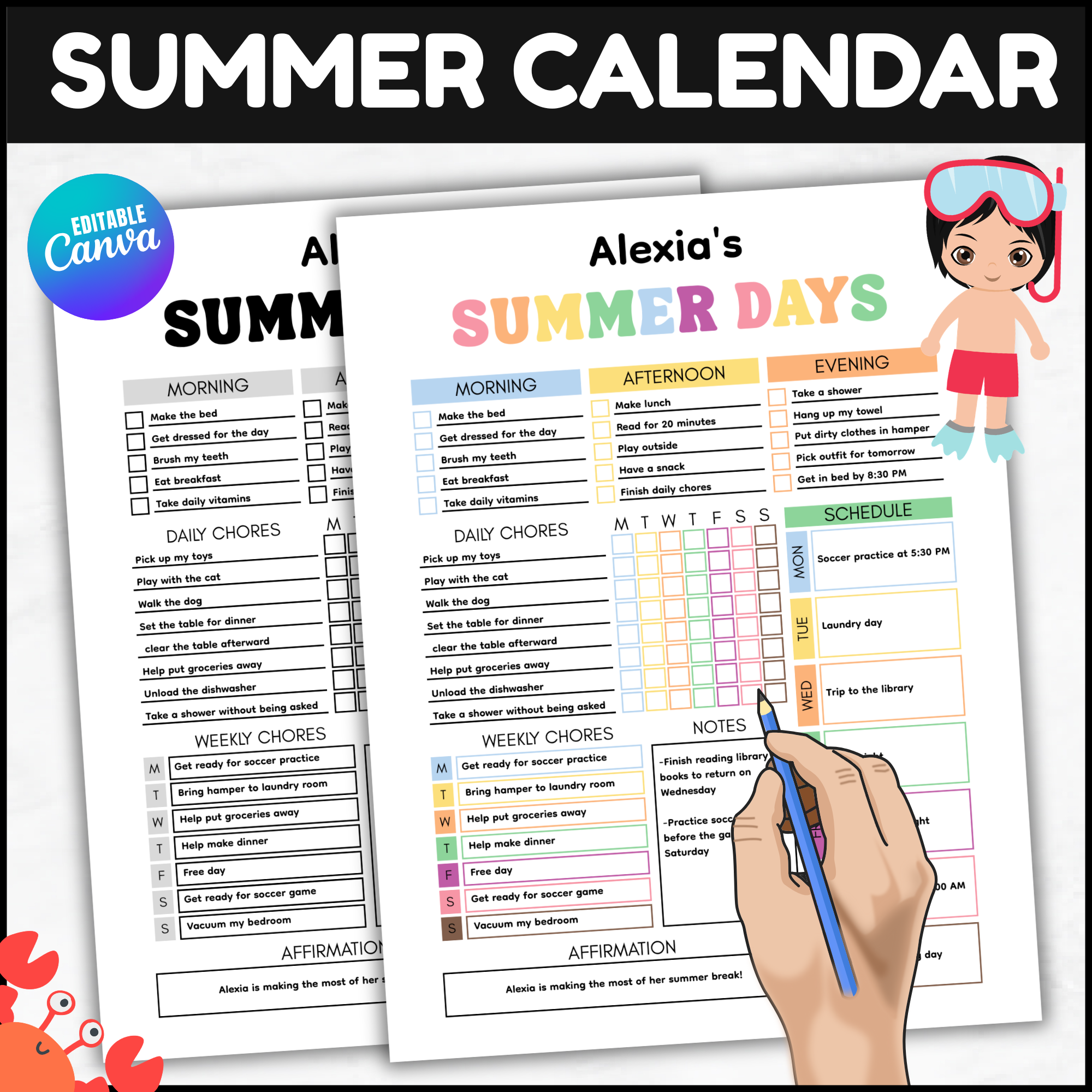 Summer Calendar Editable | Kids Summer Planner Weekly Schedule