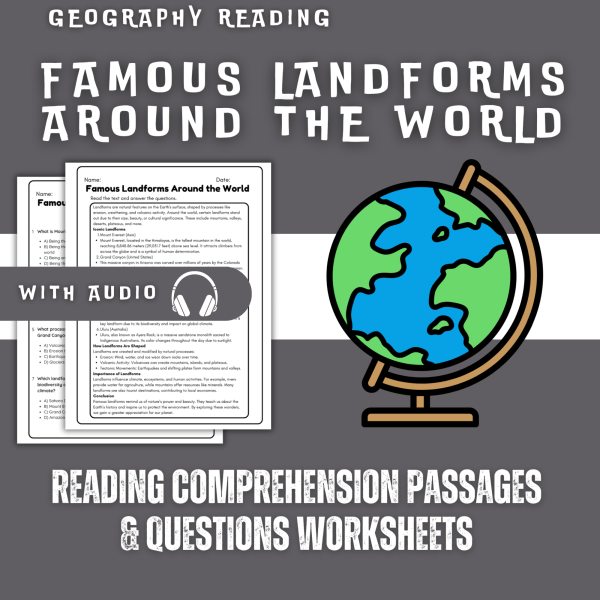 Famous Landforms Around the World Reading Comprehension Worksheet with ...