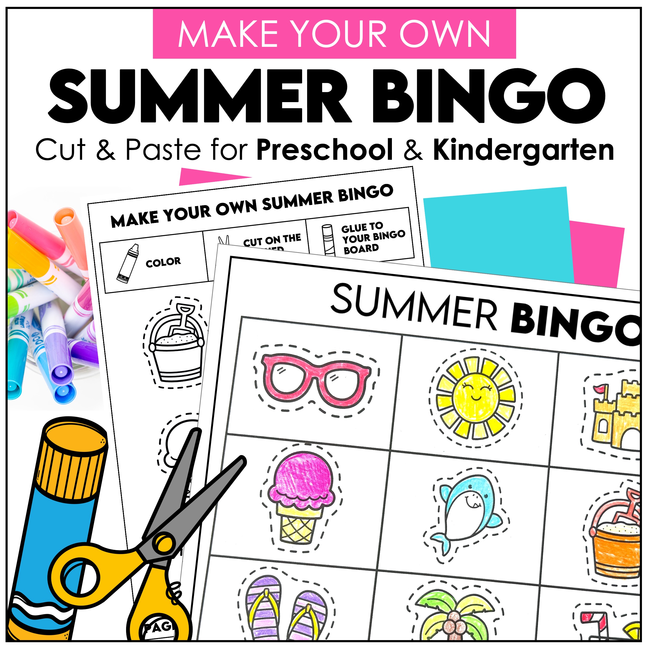 Summer Bingo Game | Cut and Paste Preschool Kindergarten Fine Motor Activity