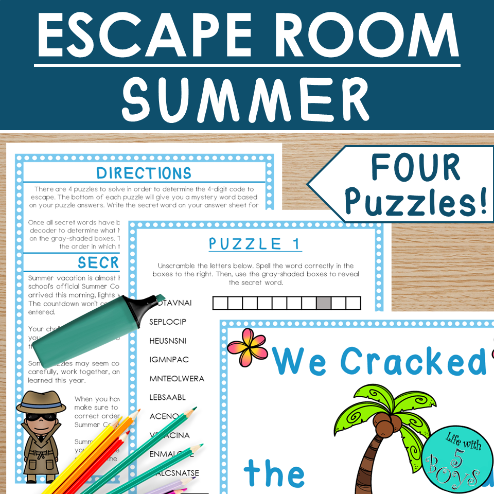 Summer Escape Room Printable - Escape Room Puzzles - 3rd, 4th, 5th
