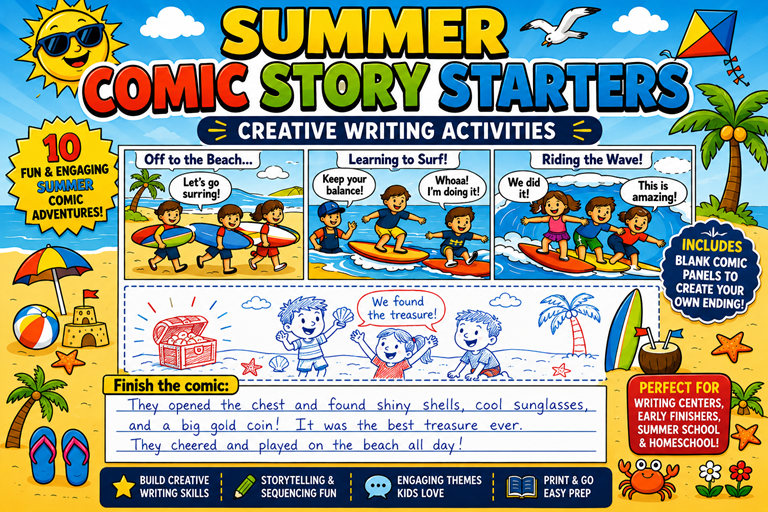 Summer Comic Story Starters Sheets | Creative Writing Activity | For Grades 1-5