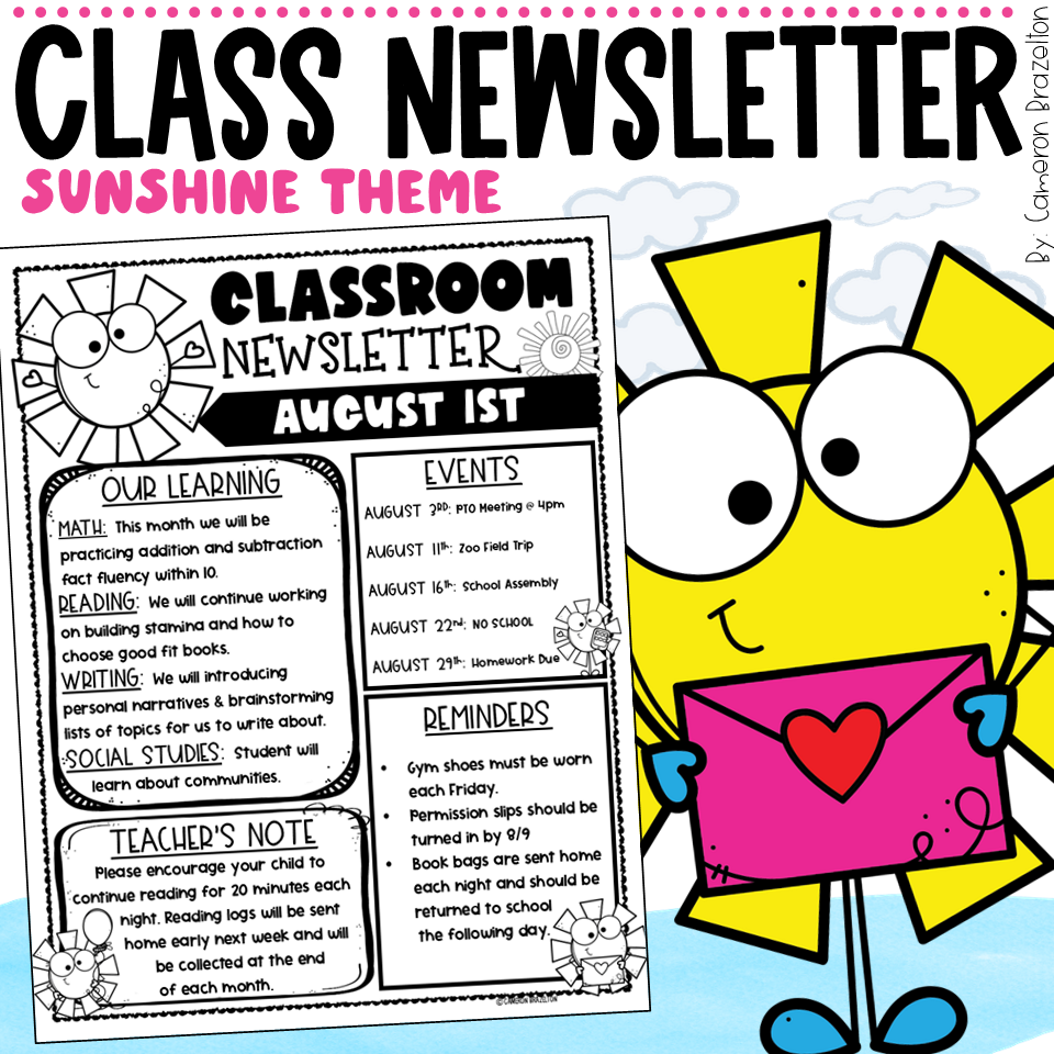 Back to School Weekly Newsletter Template Summer Sunshine Theme EDITABLE